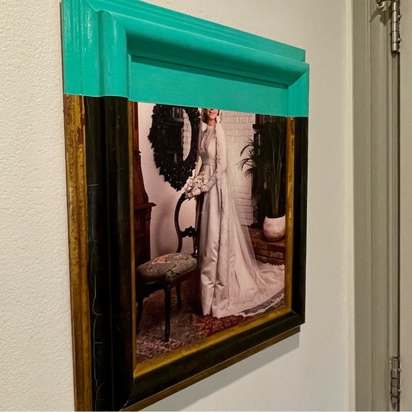 Turquoise Dip Dyed Art: Antique Frame with Photo of Vintage 70s Bride - Picture 2 of 8